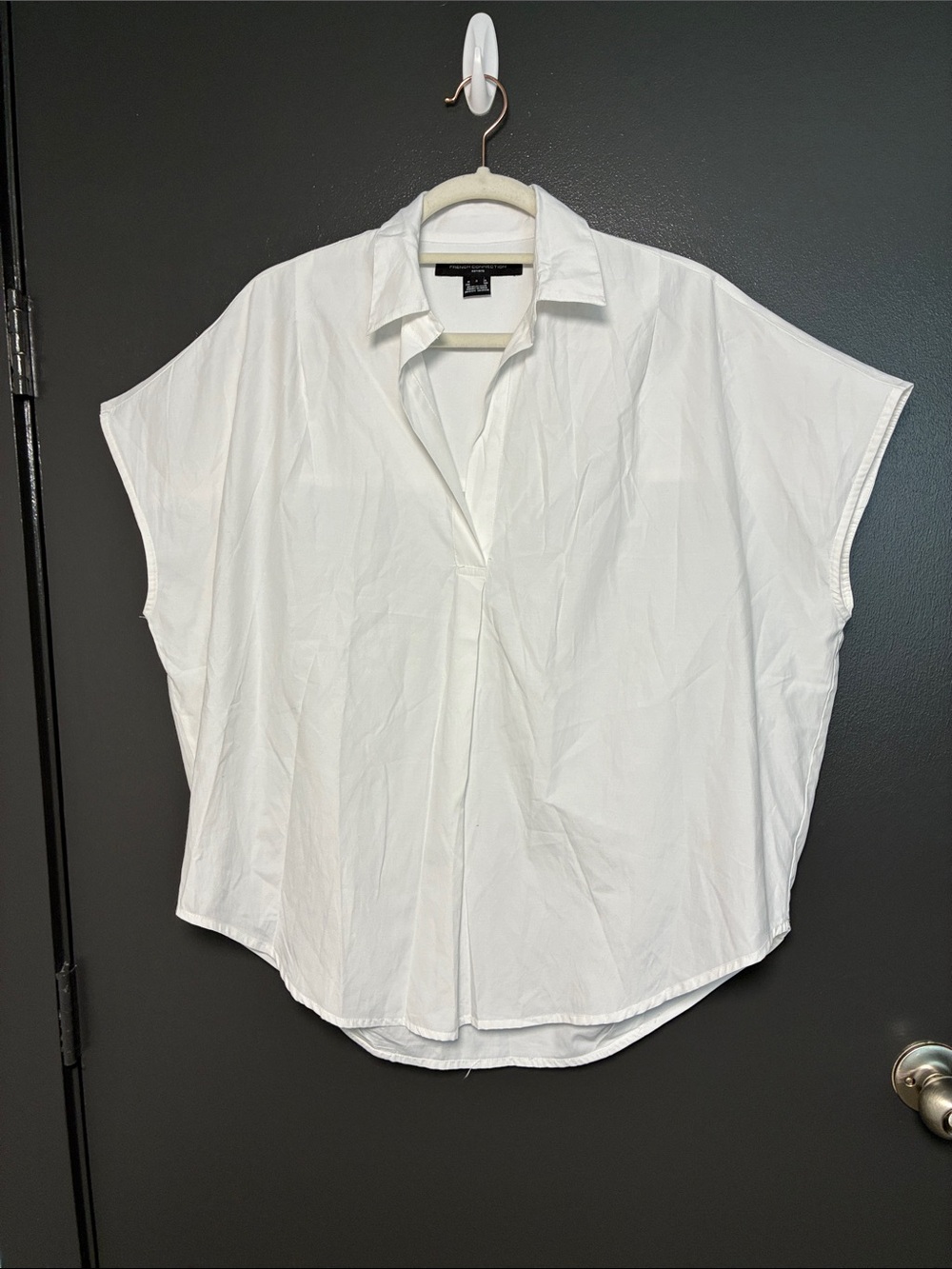 French Connection White Short Sleeve Collared pullover Blouse Sz S oversized